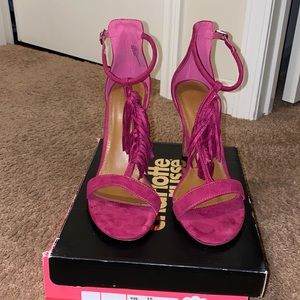 Berry Fringed Open Toe Heels